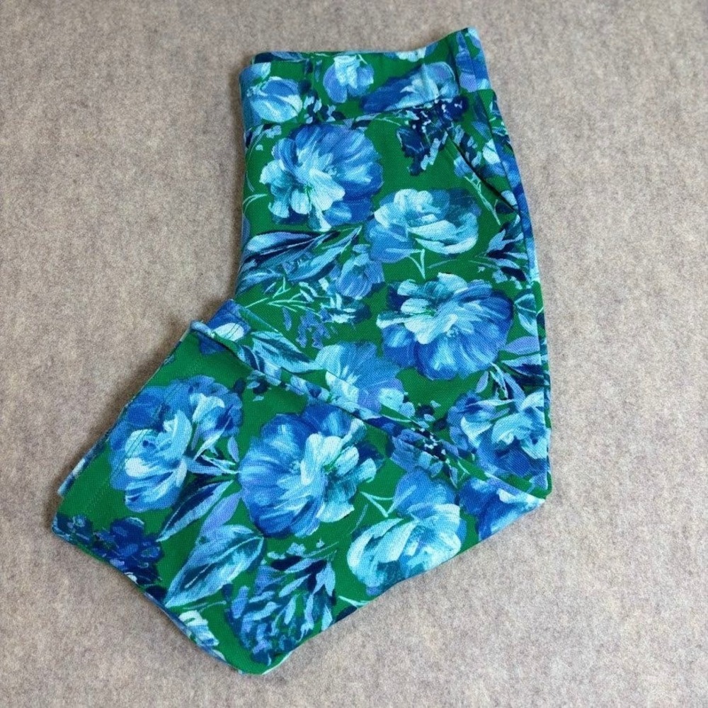 Belle by Kim Gravel Crop Pants Womens Small Green Blue Floral Cotton Knit Chic